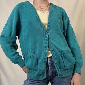Vintage 90s teal Worthington cotton blend knit cardigan